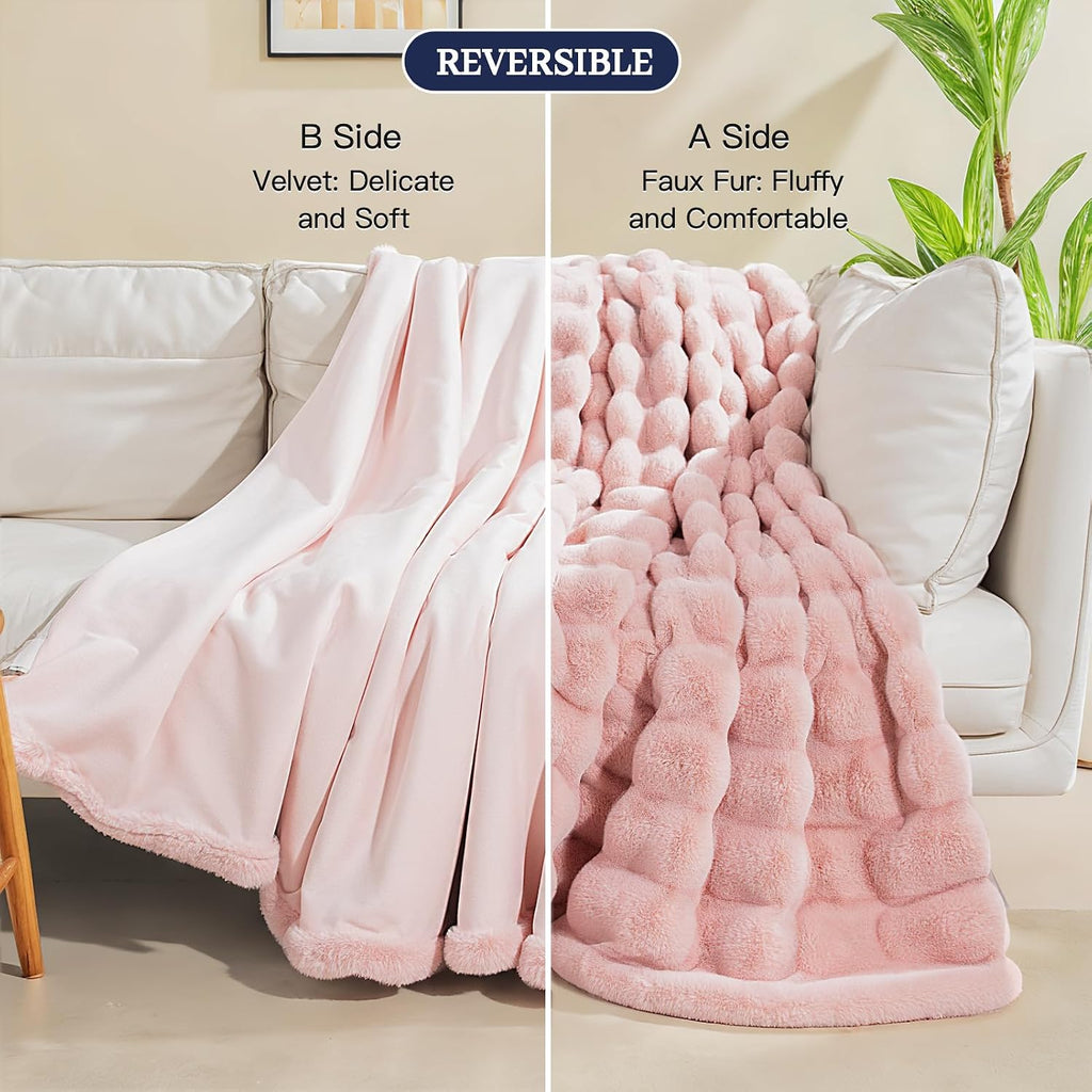 Faux Fur Throw Blanket Pink, Luxury Soft Decorative Cozy Plush Long Shaggy Fluffy Blanket, Reversible Puffy Thick