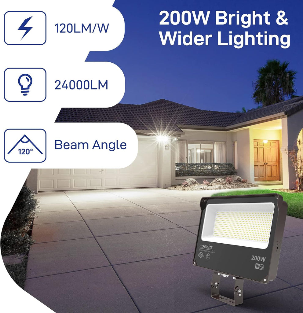 LED Flood Light 200W 24000LM 5000K Daylight IP65 Waterproof Outdoor Floodlights UL Certified for Court Garden