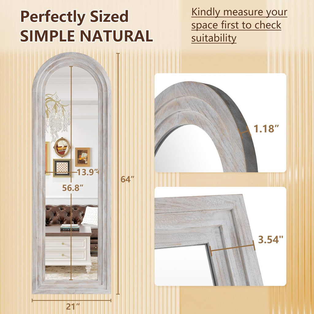 Rustic Wood Floor Full Length Mirror with Stand, 64"X21" Arched