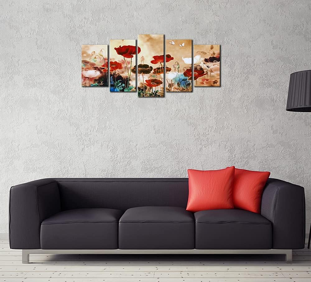 Blooming Poppies 5 Piece Canvas Prints Wall Art Colorful Floral Pictures Paintings Home Decorations Modern Stretched