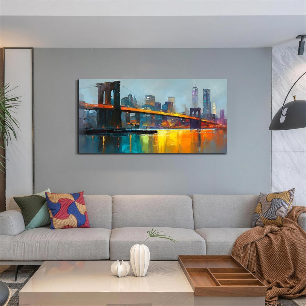 New York Brooklyn Bridge Canvas Wall Art | HD Print, night view cityscape painting, artwork for wall