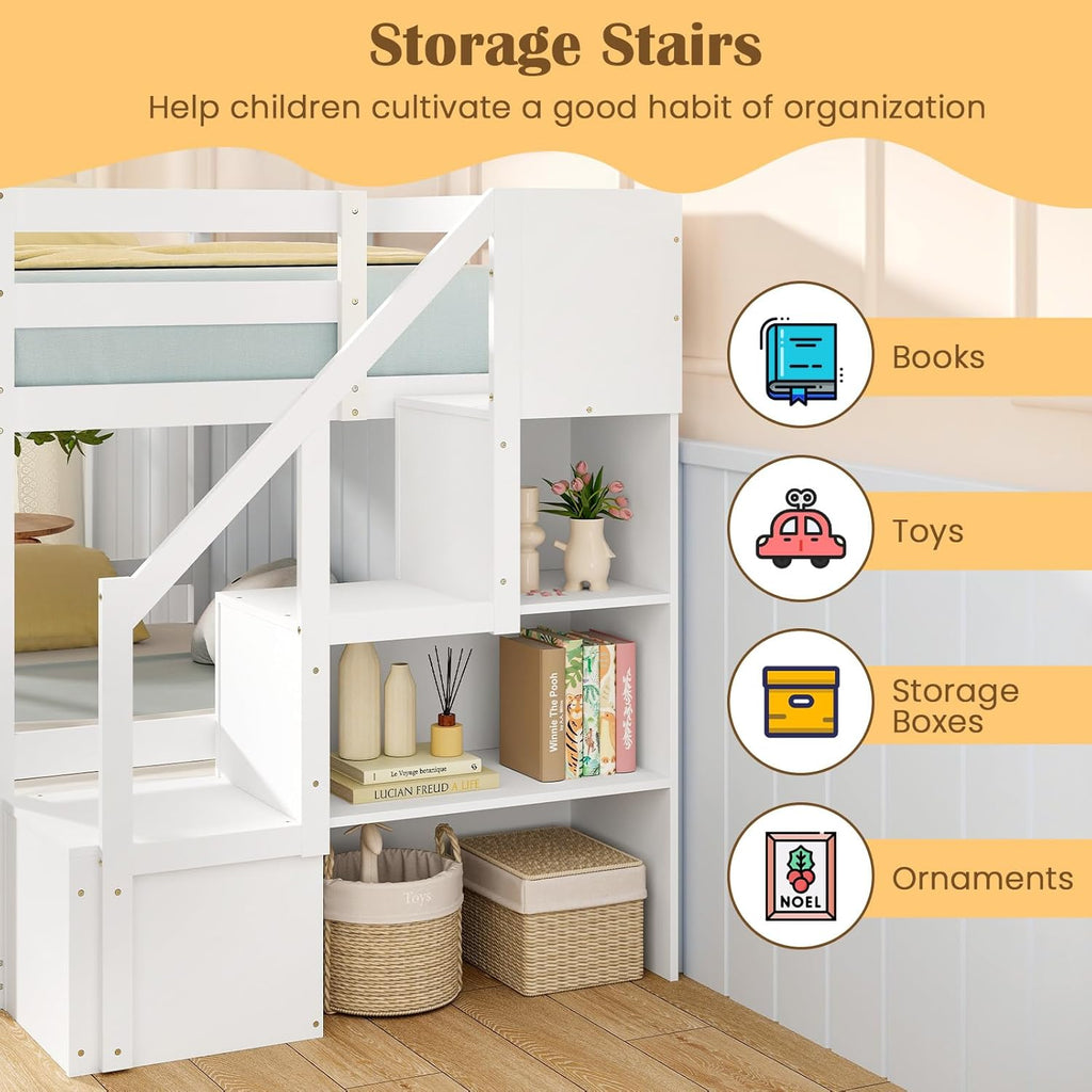 Twin Over Twin Bunk Bed with Stairs, Solid Wood Floor Bunk Bed with Storage Staircase & Full-Length Guardrails