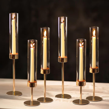 Hurricane Candle Holder for Candlestick: 6 Pcs Gold Taper Candlestick Holders - Tall Modern Candles Stick Decor with