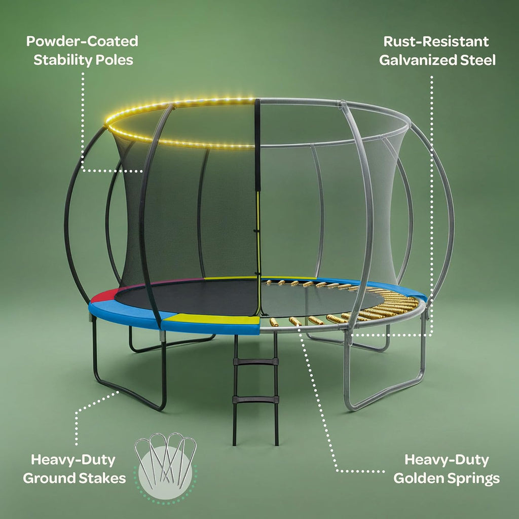 Trampoline - with LED Lights, Net, Ladder, ASTM Certified | 8Ft 10Ft 12Ft 14Ft 15Ft 16Ft, 450lb capacity, kids &