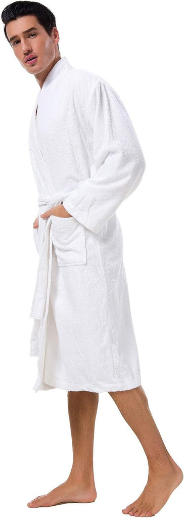 Men's Terry Cotton Robe, Absorbent Kimono Towel Bathrobe for Spa and Hotel, Soft Shower Calf Length Cloth with Pockets