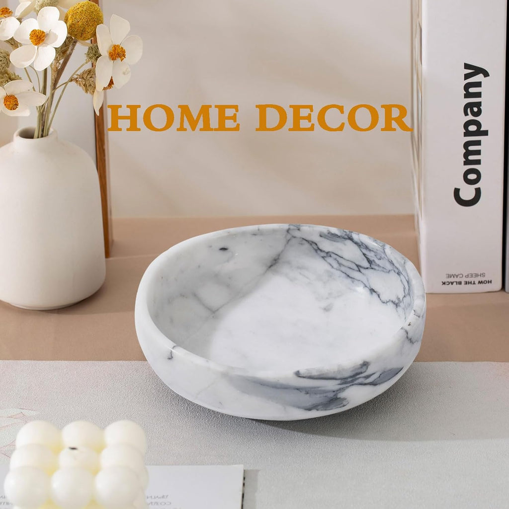 6.7" Decorative Bowl - Natural Marble Key Bowl & Centerpiece (White & Grey)