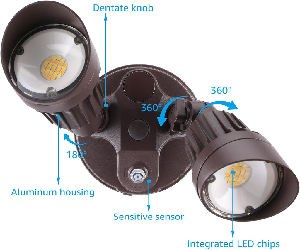 3CCT Dusk to Dawn LED Security Lights with Photocell, Bronze | Adjustable Dual-Head Flood Light Outdoor