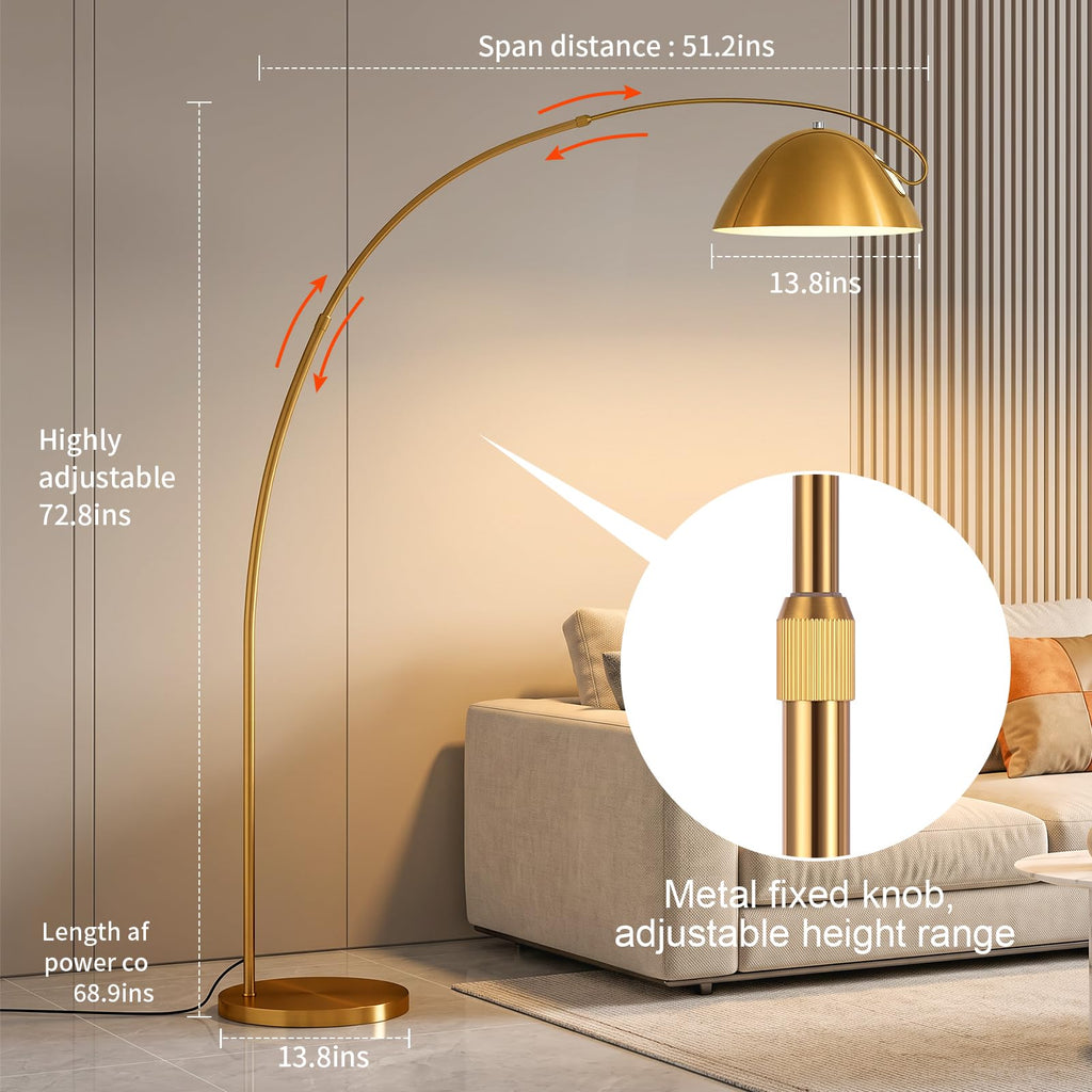 Gold Brass Large Arc Floor lamp with 20W Remote Control Bulb