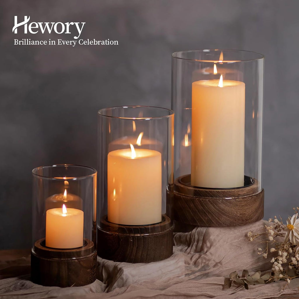 Hurricane Glass Candle Holder : Set of 3 Rustic Brown Candle Holders for Pillar Candles, Vintage Decorative Wood