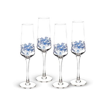 Blue Italian Champagne Flute Glasses, 8 Oz - Blue/White, Set of 4