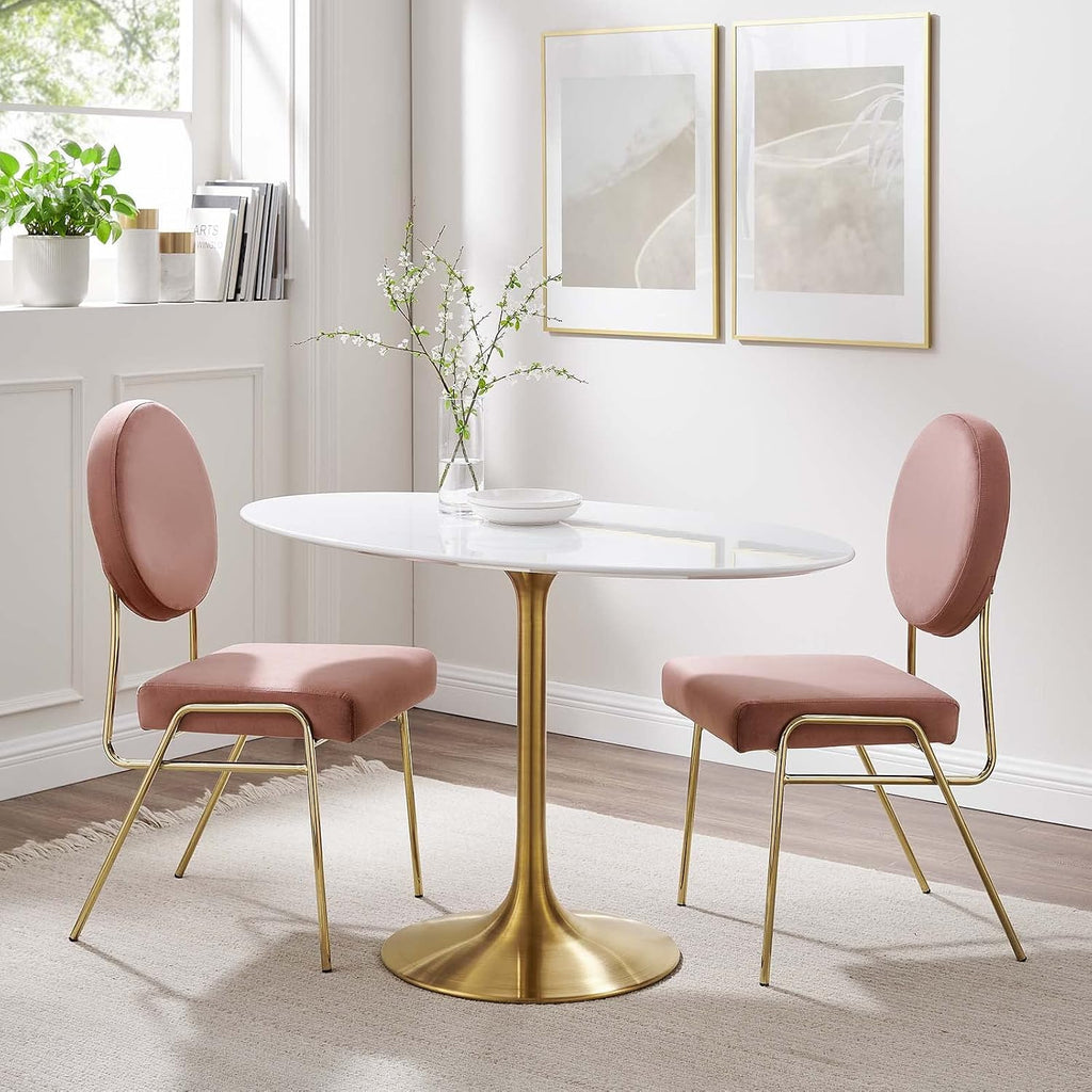 Inspired Saarinen Style Tulip Oval Pedestal Dining Table — Gold Base / White Top, 48″ Oval