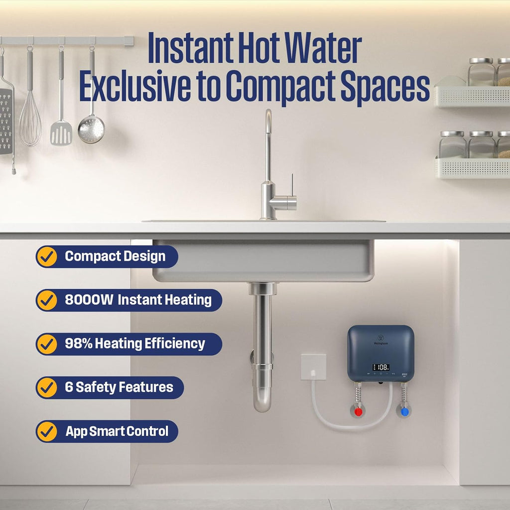 Apolo Mini 8kW Tankless Water Heater Electric, 240V Instant Hot Water Heater, Under Sink Water Heater Electric