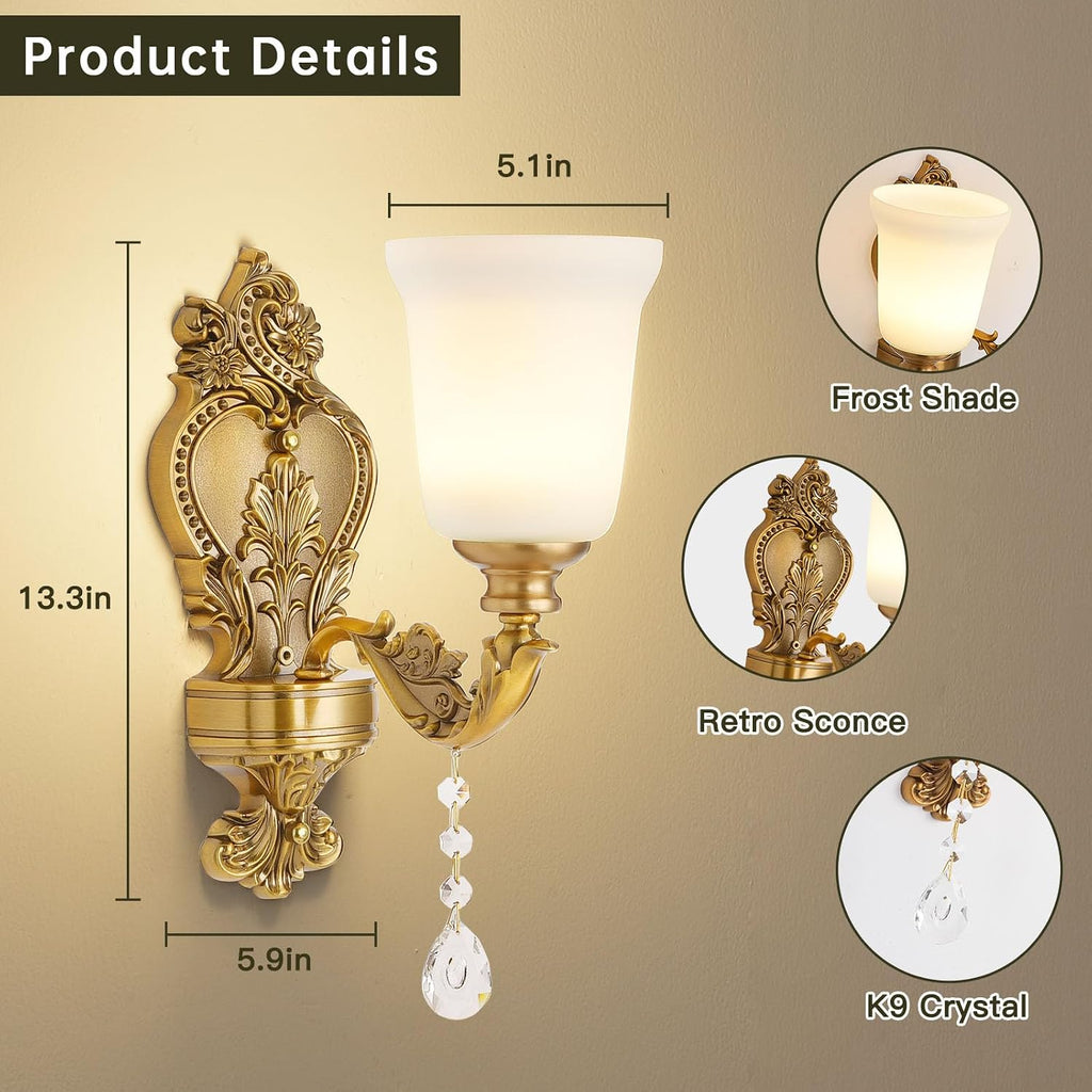 2-Pack Retro Gold Wall Sconce with Milk White Glass Shade, K9 Crystal Pendant, Hardwired Vintage Wall Lamp Lighting