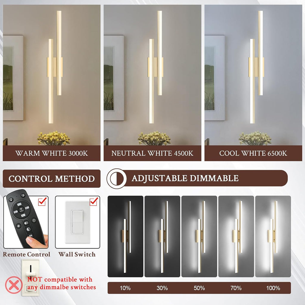 LED Wall Sconce Set of 2 Gold Remote Modern LED Vanity Lights Set of 2 Indoor Wall Light Fixtures for Living Room