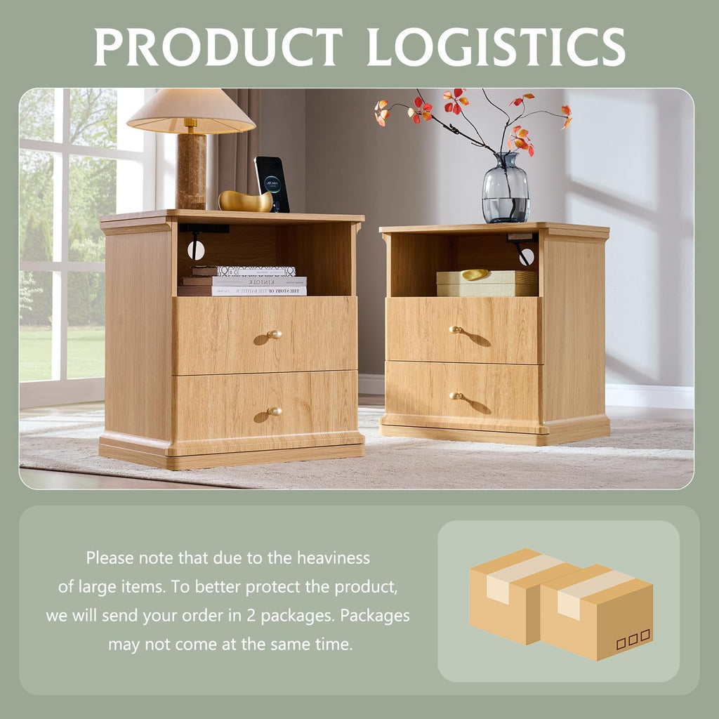 23.6" Tall Modern Nightstand Set of 2, Wood Bedside Table with Charging Station, Mid Century Night Stand w/2 Storage