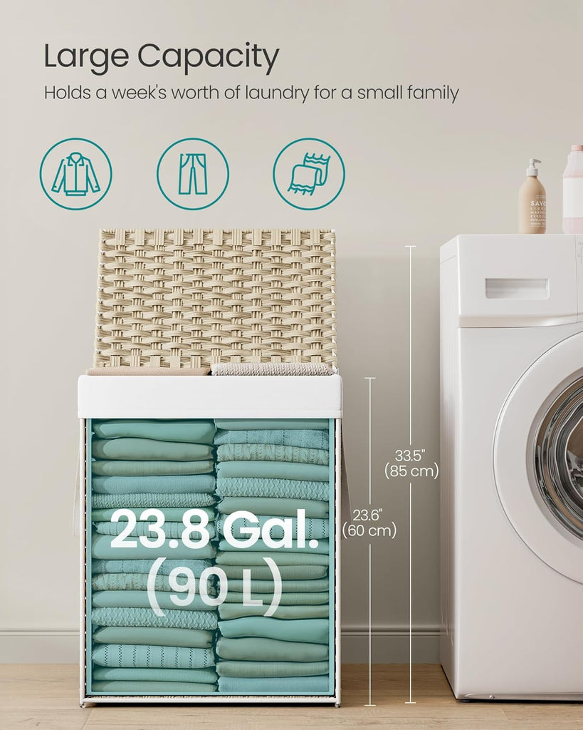 Laundry Hamper with Lid, 23.8 Gallon (90L) Synthetic Rattan Clothes Laundry Basket with Lid and Handles, Foldable