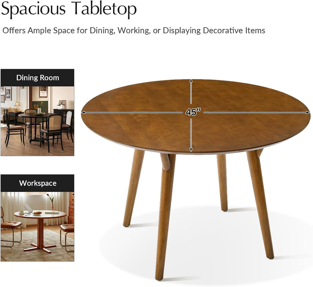 Round Dining Table for 4, 45” Solid Wood Kitchen Dining Room Table, Small Dinner Coffee Writing Table for Kitchen