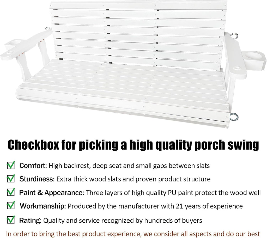 Wooden Porch Swing 3-Seater, High Backrest and Deep Seat, Bench Swing with Cupholders, Hanging Chains and 7mm