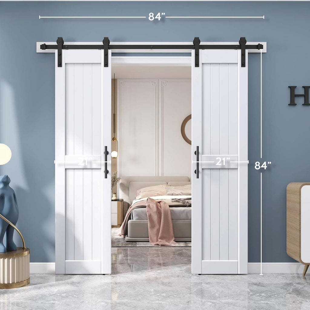 42 x 84 inch (Double 21x84 Door) White Barn Door with 7FT Sliding Door Hardware Kit Included & Handl