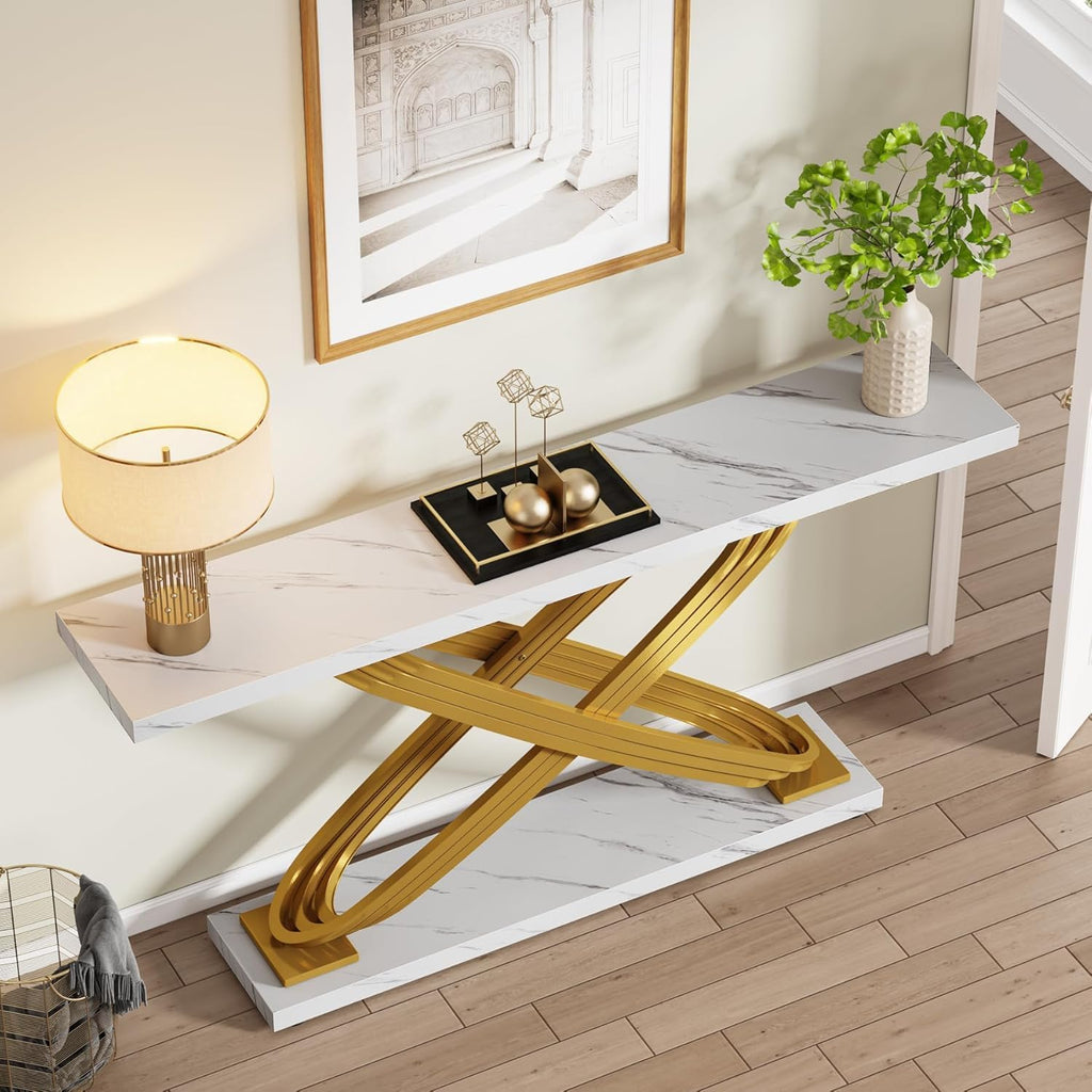 55 Inch Modern Console Table, Gold Entryway Table Behind Sofa Couch, Narrow Rectangular Sofa Table , Front Hall