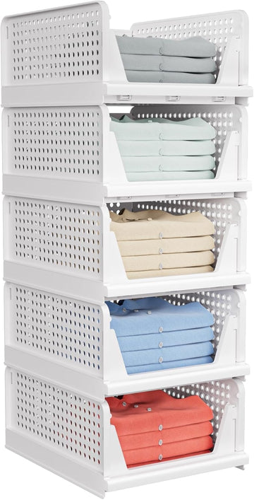 5 Pack Stackable Closet Storage Basket - Stackable Storage Bins | Multifunctional & Foldable Closet Organizer