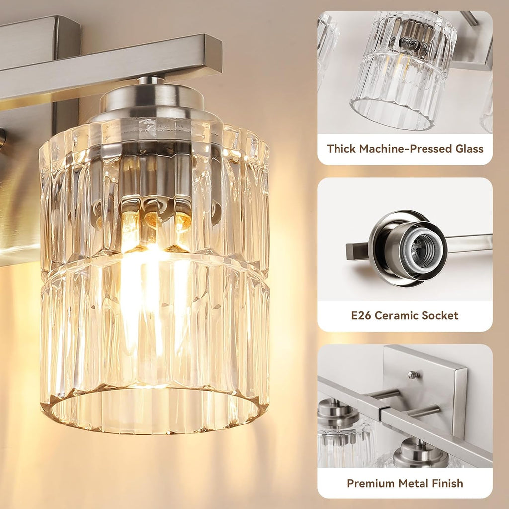 Nickel 4Light Bathroom Vanity Light with Fluted Cylinder Glass Shade | Modern Vanity Lighting Fixtures, Bathroom