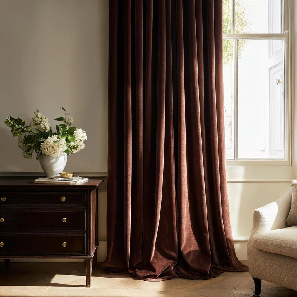 Dark Brown Velvet Blackout Curatins 2 Panels Heavy Thick Vintage Luxury Pinch Pleated Curtain Drapes with Hooks Rings for Living Room Bedrooom,Chocolate Home Decor