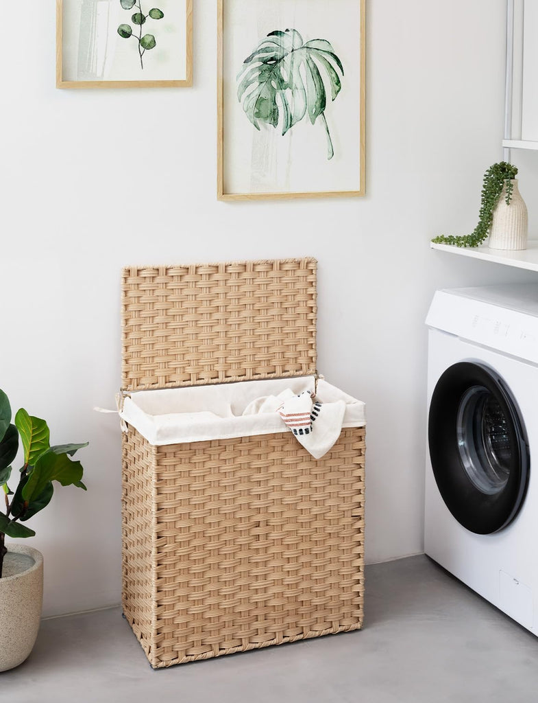 110L Wicker Laundry Hamper with Lid, 2 Section Wicker Laundry Basket, Large Basket for Dirty Clothes, Hamper with
