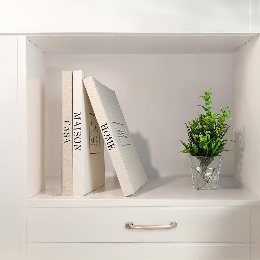 Linen Neutral Coffee Table Books Set of 3,Fashion Designer Hardcover Blank Book Stack, Modern Decorative Books Decor