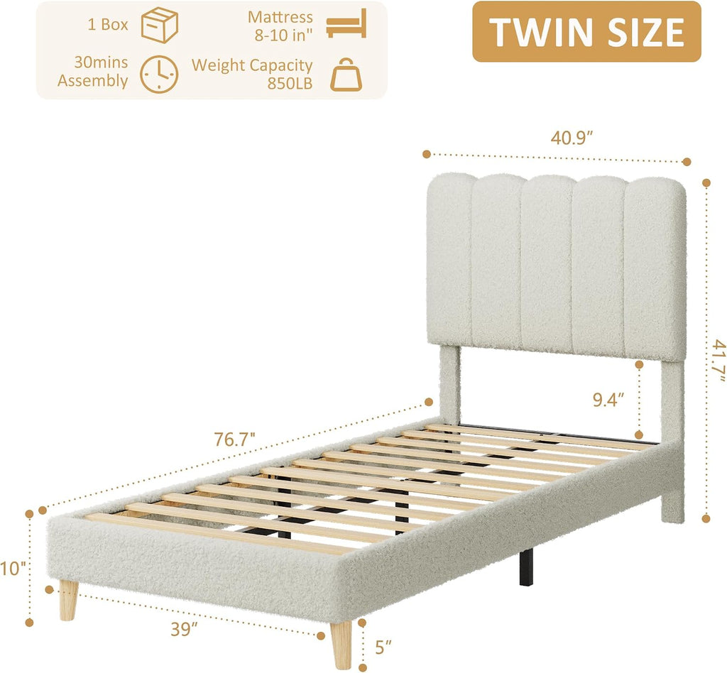 Twin Bed Frame, Platform Bed with Headboard for Kids | Upholstered Bed Frame, Easy Assembly, Wooden Slats Support, No