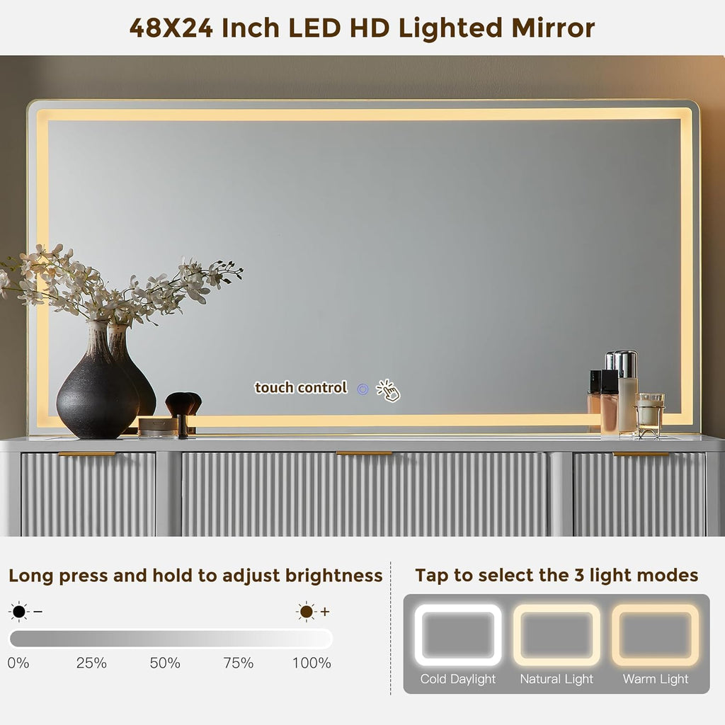 48" Fluted Makeup Vanity Desk with 48" Large Mirror and HD LED Lights, Modern Vanity Table with 9 Drawers & Charging