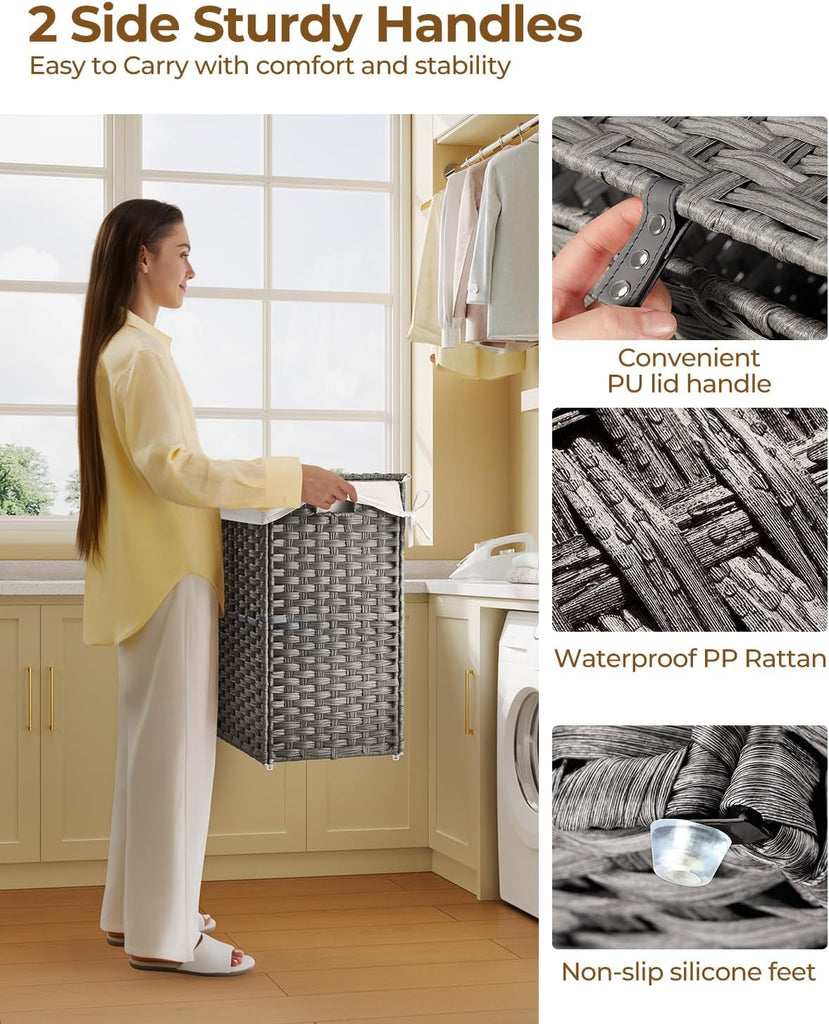 Laundry Hamper with Lid, 90L Clothes Hamper with 2 Removable Liner Bags & 2 Mesh Laundry Bags, Handwoven Synthetic
