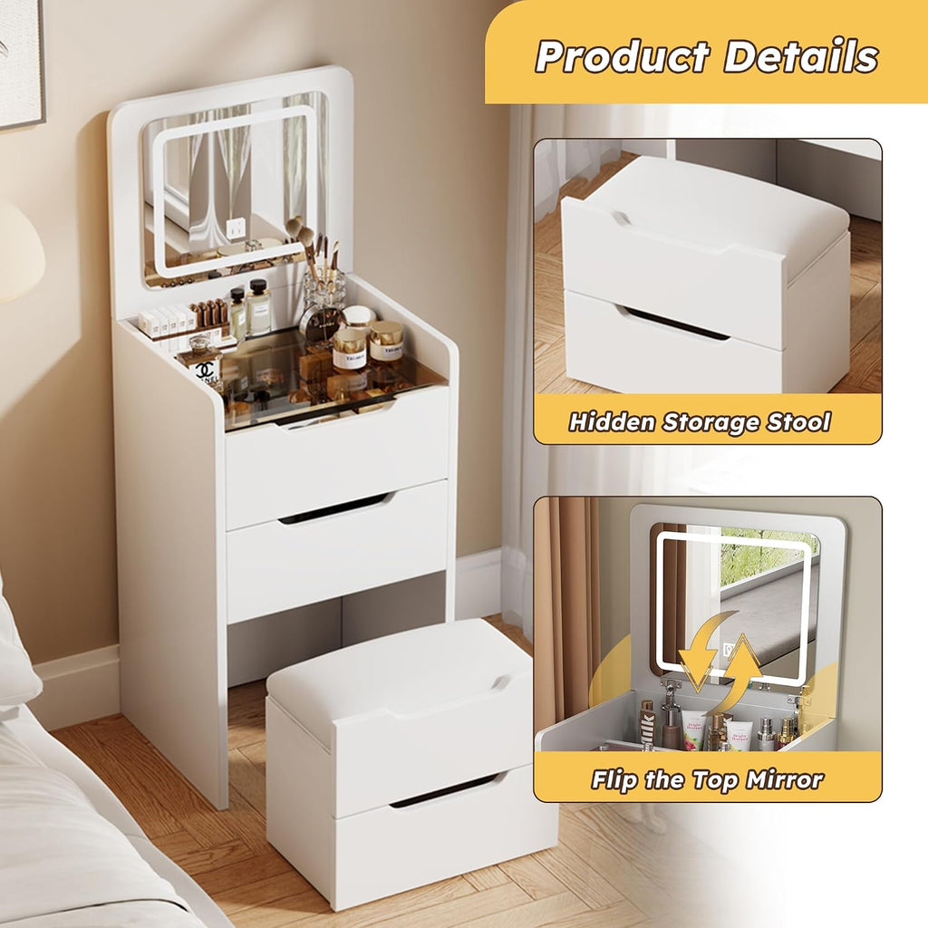 3 in 1 Vanity Desk with Plip Top Mirror, 18.9" D Small Makeup Vanity Set with Visible Glass Desktop, Compact Dressing