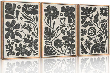 Black Floral Botanical Framed Canvas Wall Art Set, Abstract Floral Market Wall Decor, Modern Vintage Wall Painting