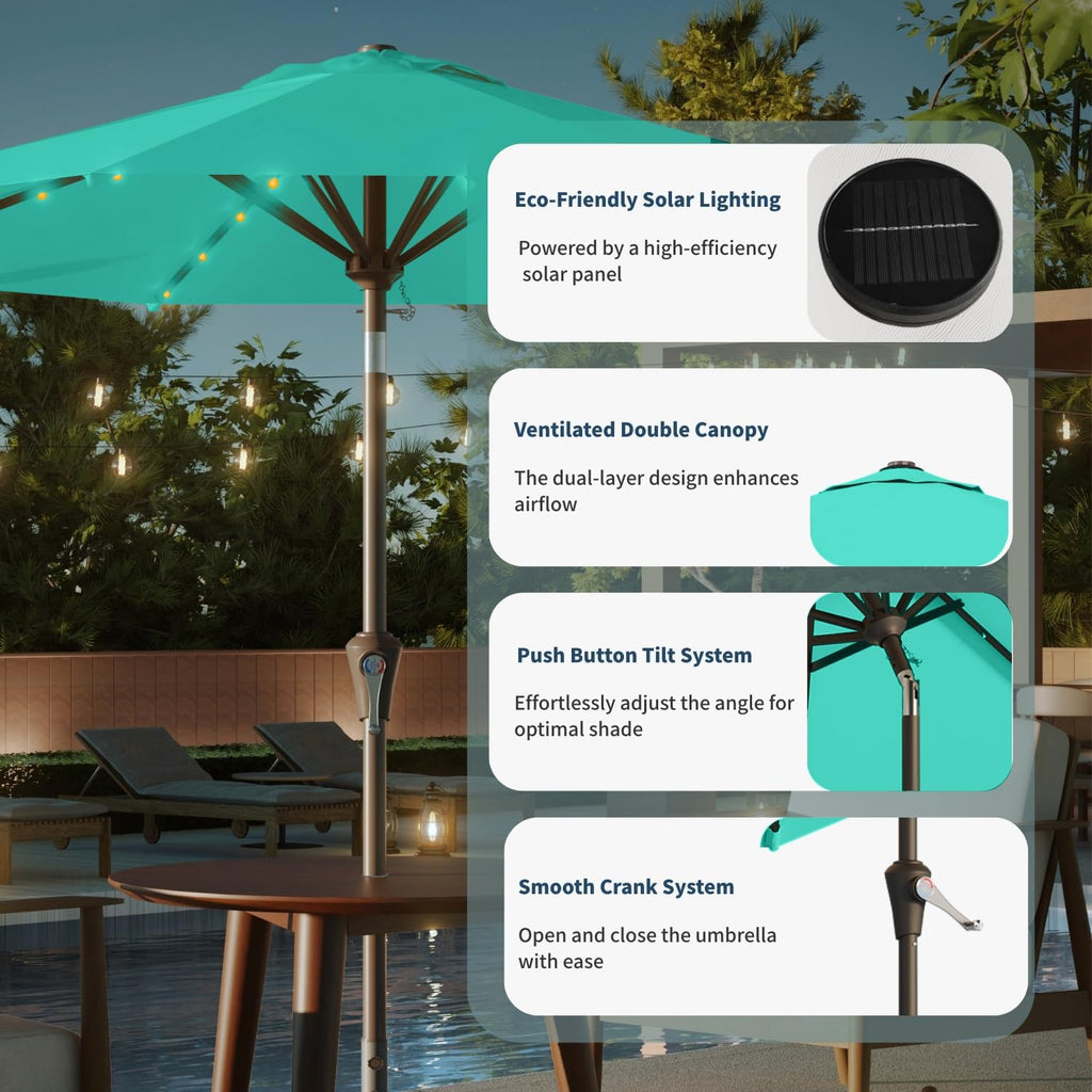 10FT Solar Umbrella 32 LED Lighted Patio Umbrella Table Market Umbrella w/Tilt and Crank