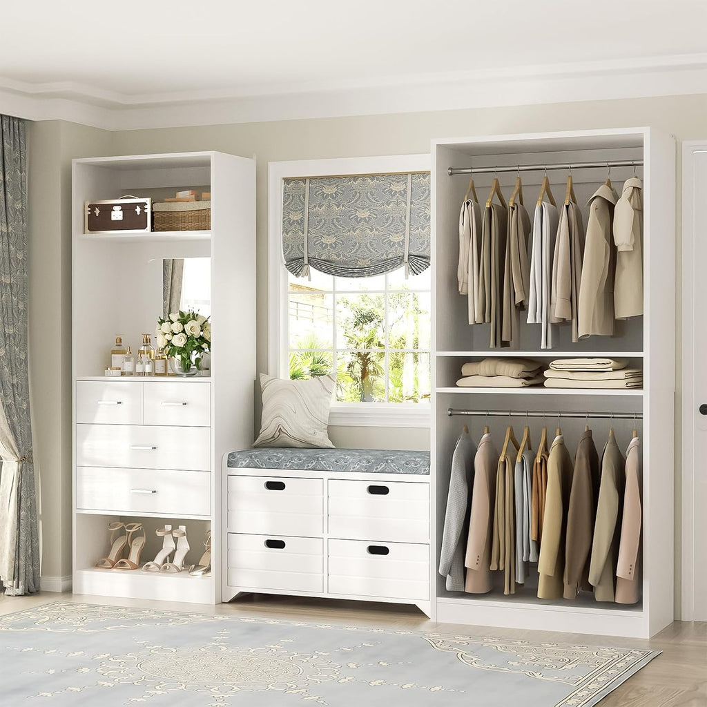 61" Closet System, Heavy Duty Wood Closet Organizer with 2 Hanging Rods, Walk-in Wardrobe Garment Rack with