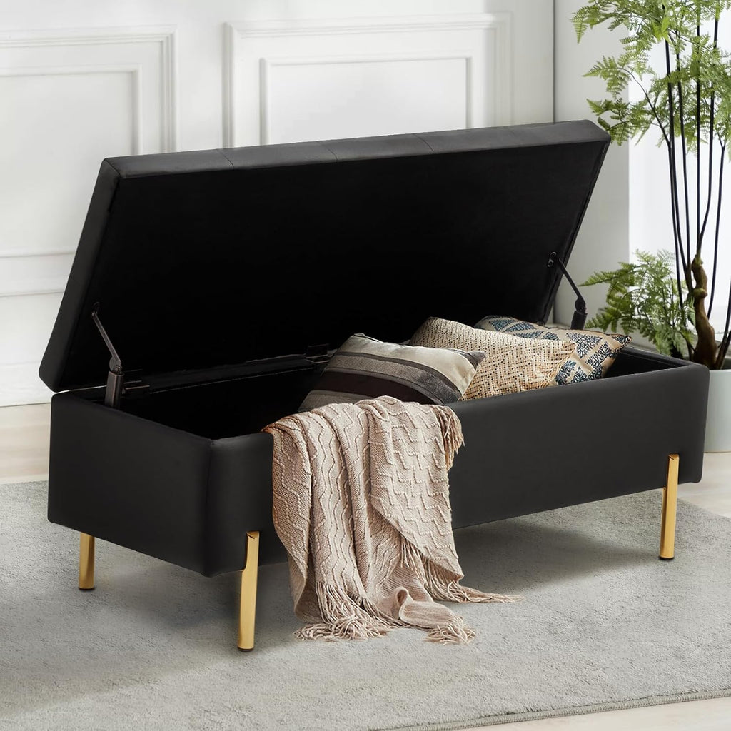 45.6 Inch Velvet Storage Bench Tufted Upholstered Ottoman Bench, Bedroom Bench with Storage, Living Room Entryway
