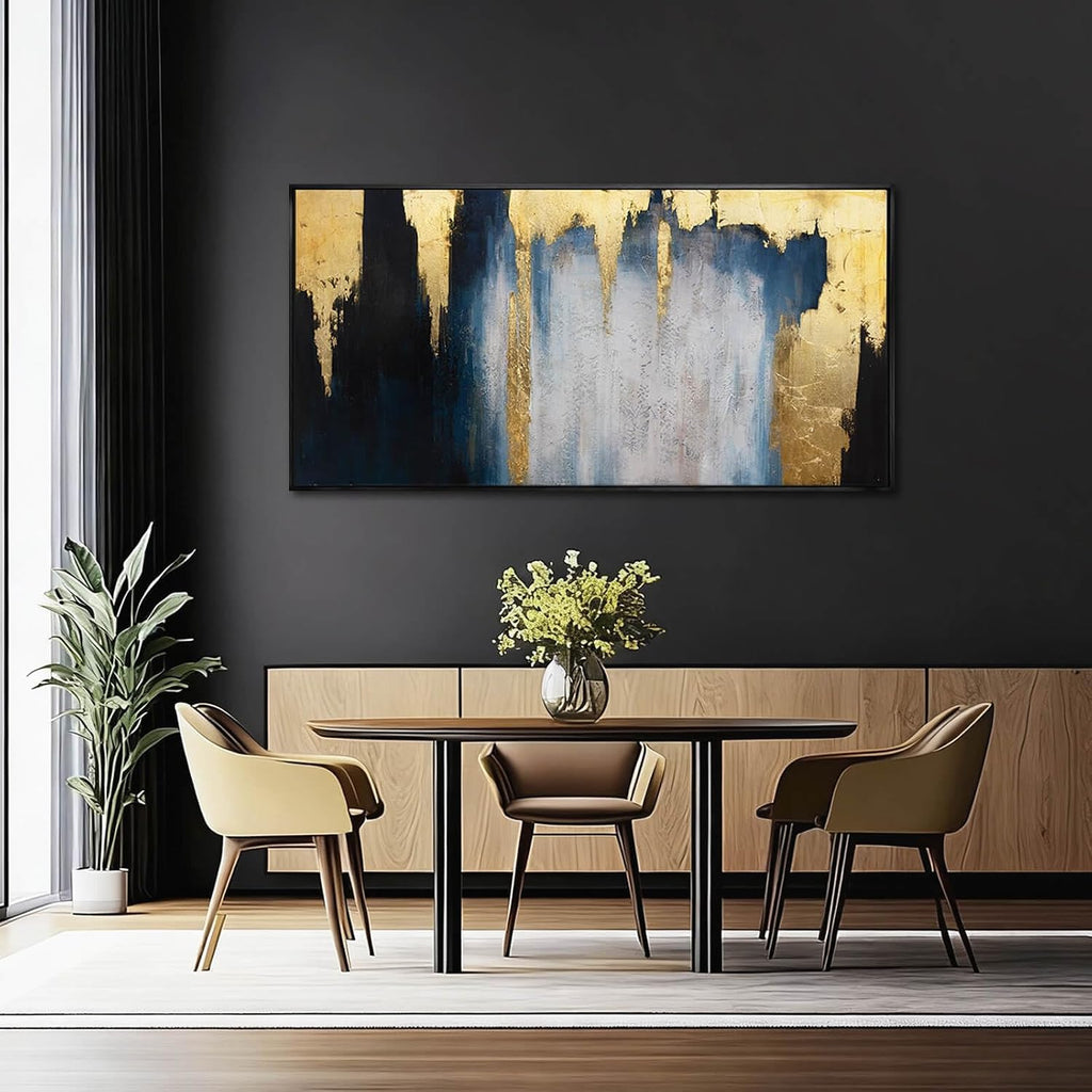 Abstract Blue and Gold Wall Art with Black Frame Modern Canvas Painting Large Artwork Bedroom Office Home