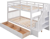 Stairway Bunk Bed with Storage Drawers, Twin Over Twin Wood Bunk Bed with Stairs for Kids Teens, Convertible Two Bed