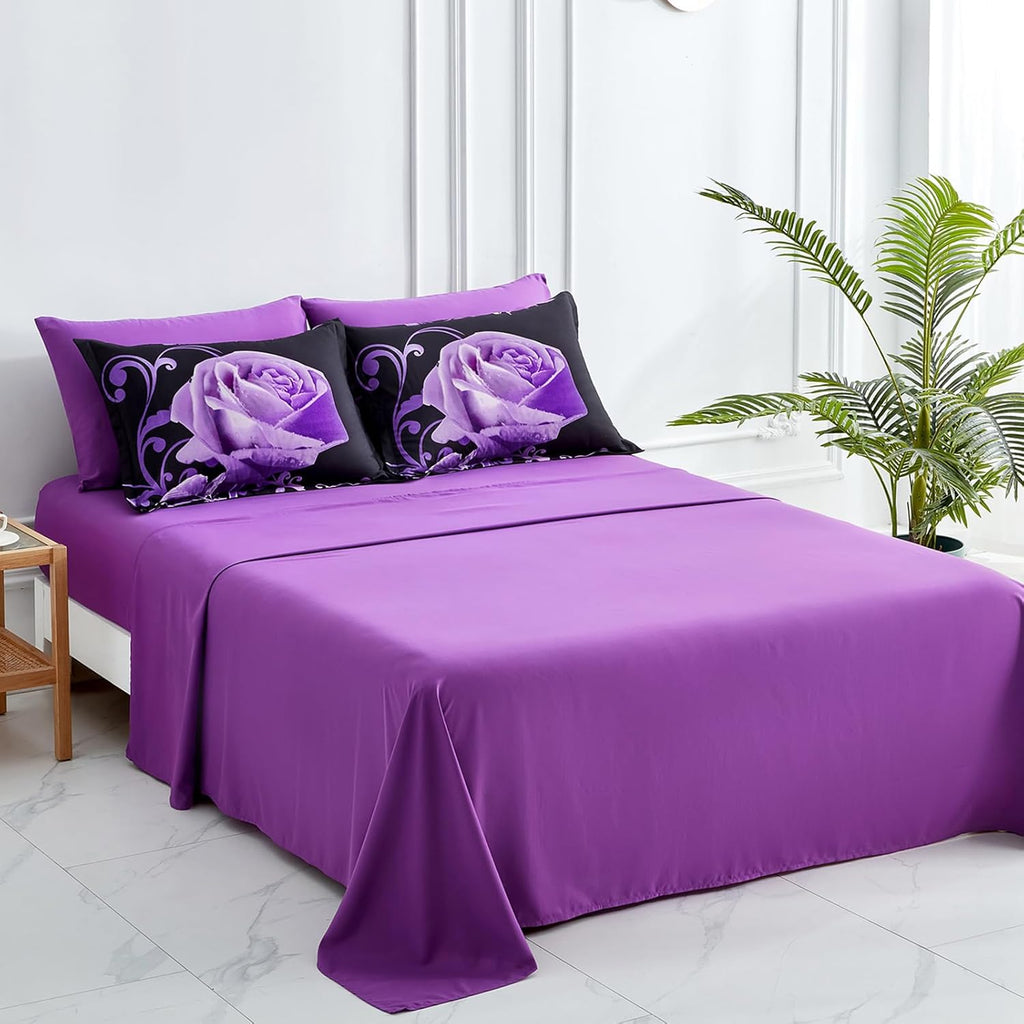 Purple Comforter Set, Reversible Purple Rose 7 Pieces Bed in a Bag