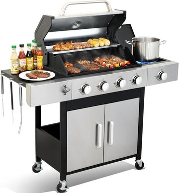 4-Burner Propane Gas Grill with Side Burner, 49,000 BTU BBQ Grill with Cast Iron Grates, Double-Layer Stainless Steel Lid and Grease Management System