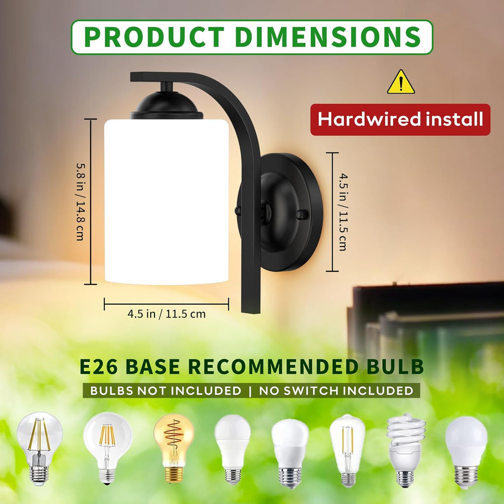 2-Pack Wall Sconces , Matte Black Farmhouse Wall Light Fixtures with Glass Shade, Modern Vanity Wall Lamps