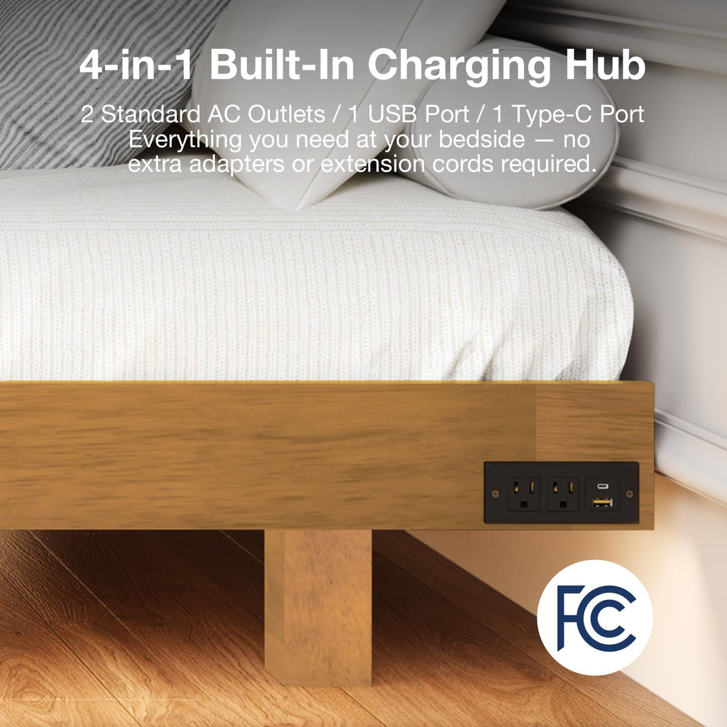 Floating Solid Wood King Size Bed Frame with Motion Sensor LED Light & Charging Station, Heavy Duty Platform Bed