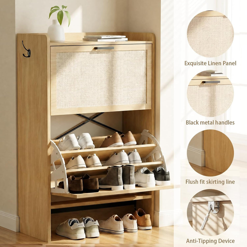 Shoe Storage Cabinet , 2 Flip Drawers with 3-Tier Rack Each, 6-Layer Total Storage, Narrow Shoe Cabinet with Linen