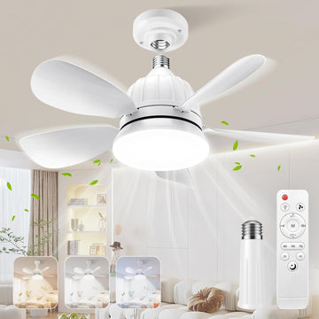 Socket Fan Light with Remote: 18'' Small Ceiling Fans with Lights, 2000 Lumens Dimmable Led Bulb, 3 Colors 3000K-6500K, Easy Install Screw in E26 Base for Bedroom Living Room Kitchen Garage