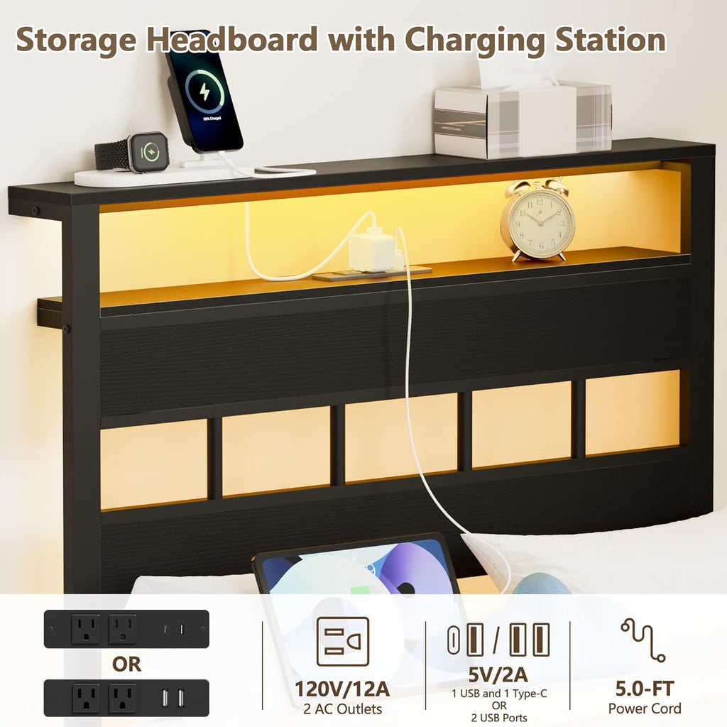 Twin Bed Frames with Charging Station and LED Lights, Twin Platform Bed with Metal Slats