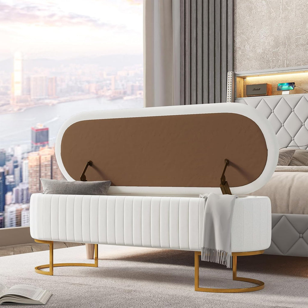 50.5" Velvet Bedroom Storage Bench Ottoman, Upholstered End of Bed Bench with Gold Legs, Flipping Lid Entryway