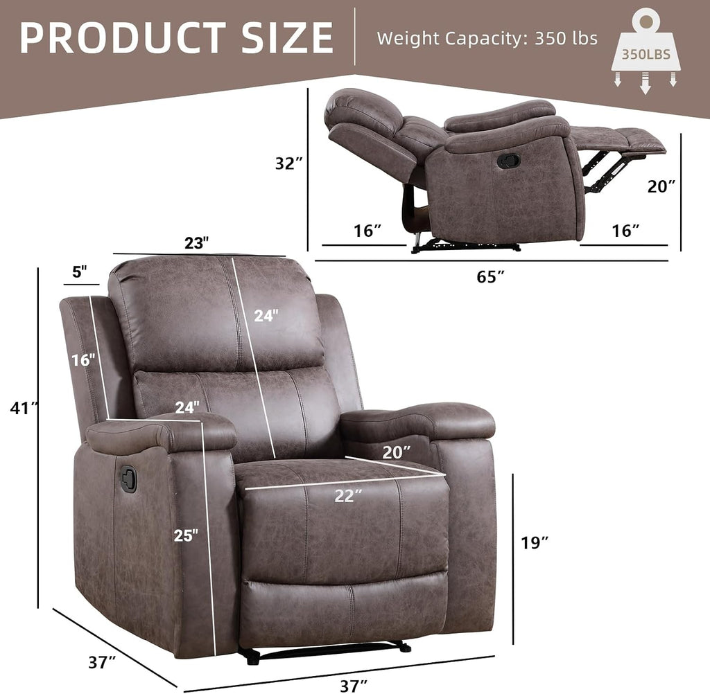 Leather Recliner Chair, Manual Recliner Chair for Adults with Overstuffed Arms and Back, Single Sofa Recliner with
