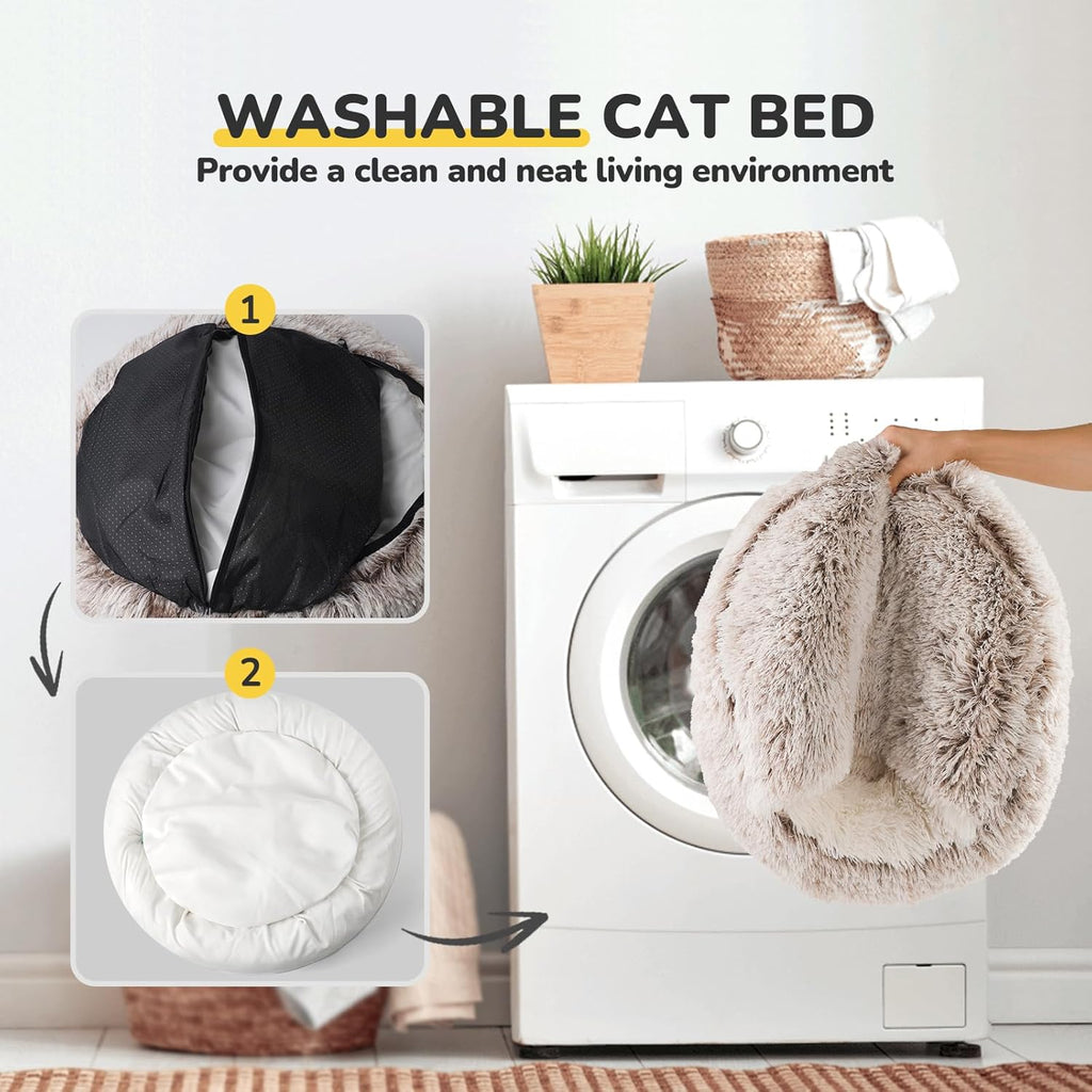 Plush Hooded Cat Bed, Calming Nest, Self-Warming Cave, Cozy Pod for Indoor Cats or Small Dogs
