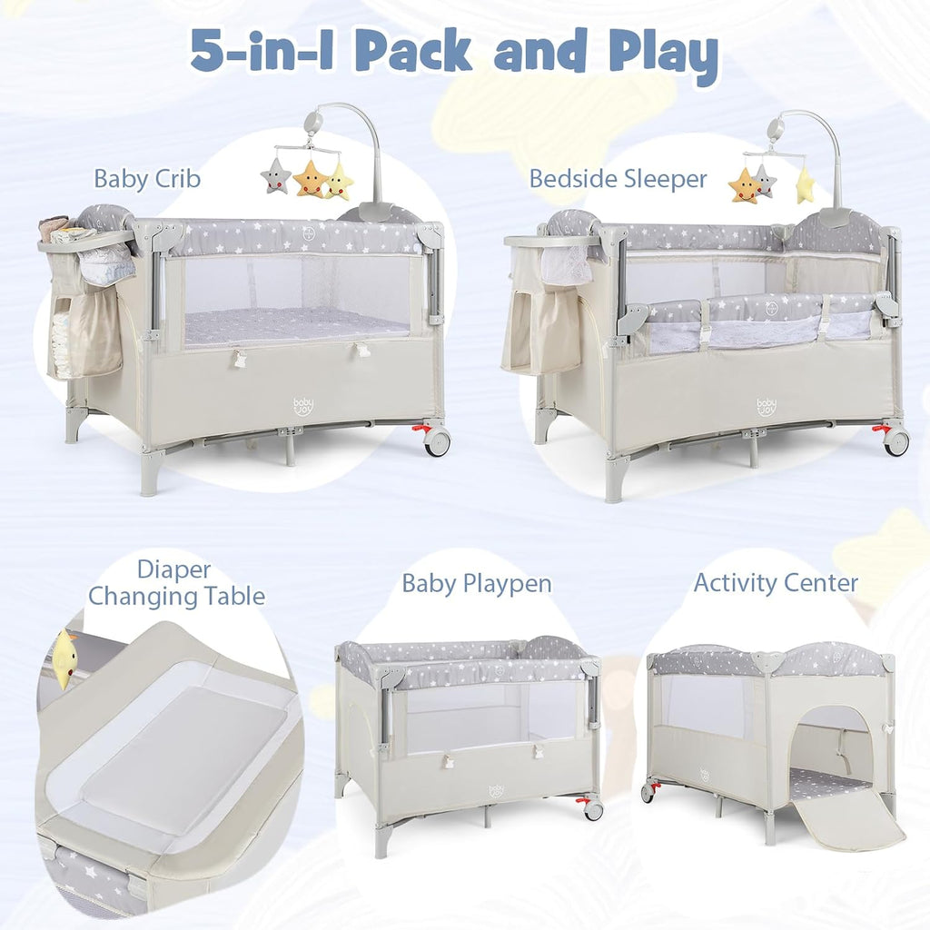 5-in-1 Pack and Play, Portable Baby Bedside Sleeper with Bassinet, U-Shaped Diaper Changer, Safety Strap, Side